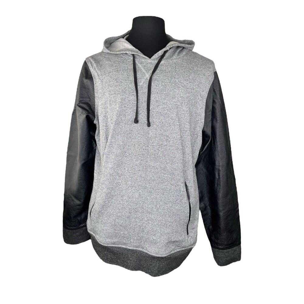 Brooklyn Cloth Pullover Hoodie Gray W/ Black‎ Faux Leather Sleeves Sz XL Grunge
